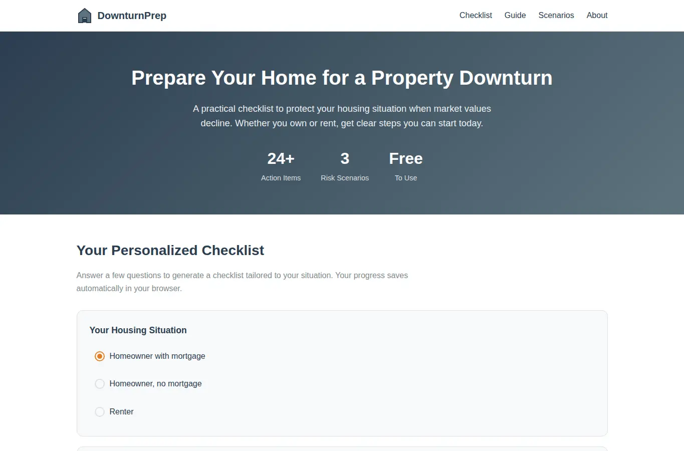 Screenshot of Property Downturn Preparation Checklist interface showing the project page in use